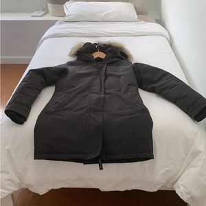 Canada Goose Victoria Parka worn one winter. Black, size small. Minimal fading